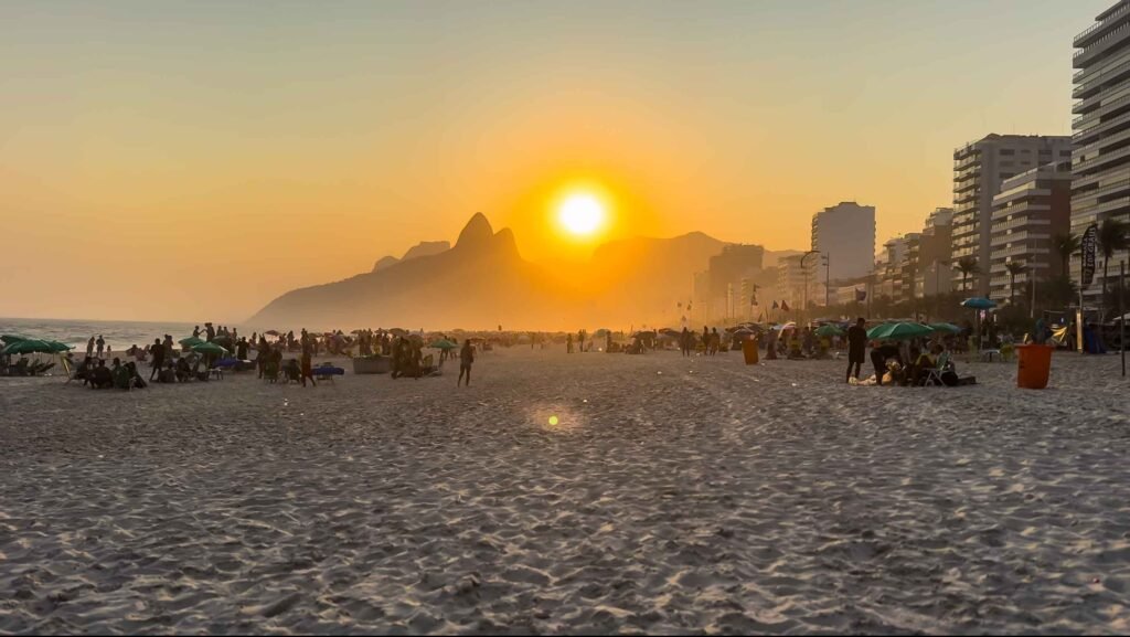 Sunset over Ipanema Beach and the Dois Irmãos peaks in Rio de Janeiro