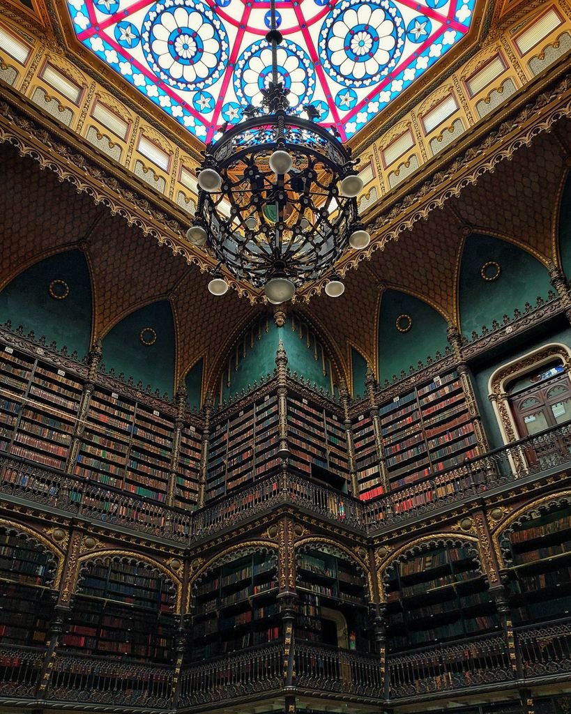 Majestic interior view of the Royal Portuguese Reading Room in Rio de Janeiro, Brazil.